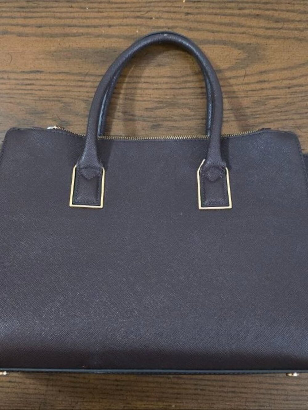 H&M Structured Tote Handbag Dark Purple Burgundy Saffiano Faux Leather Gold Tone